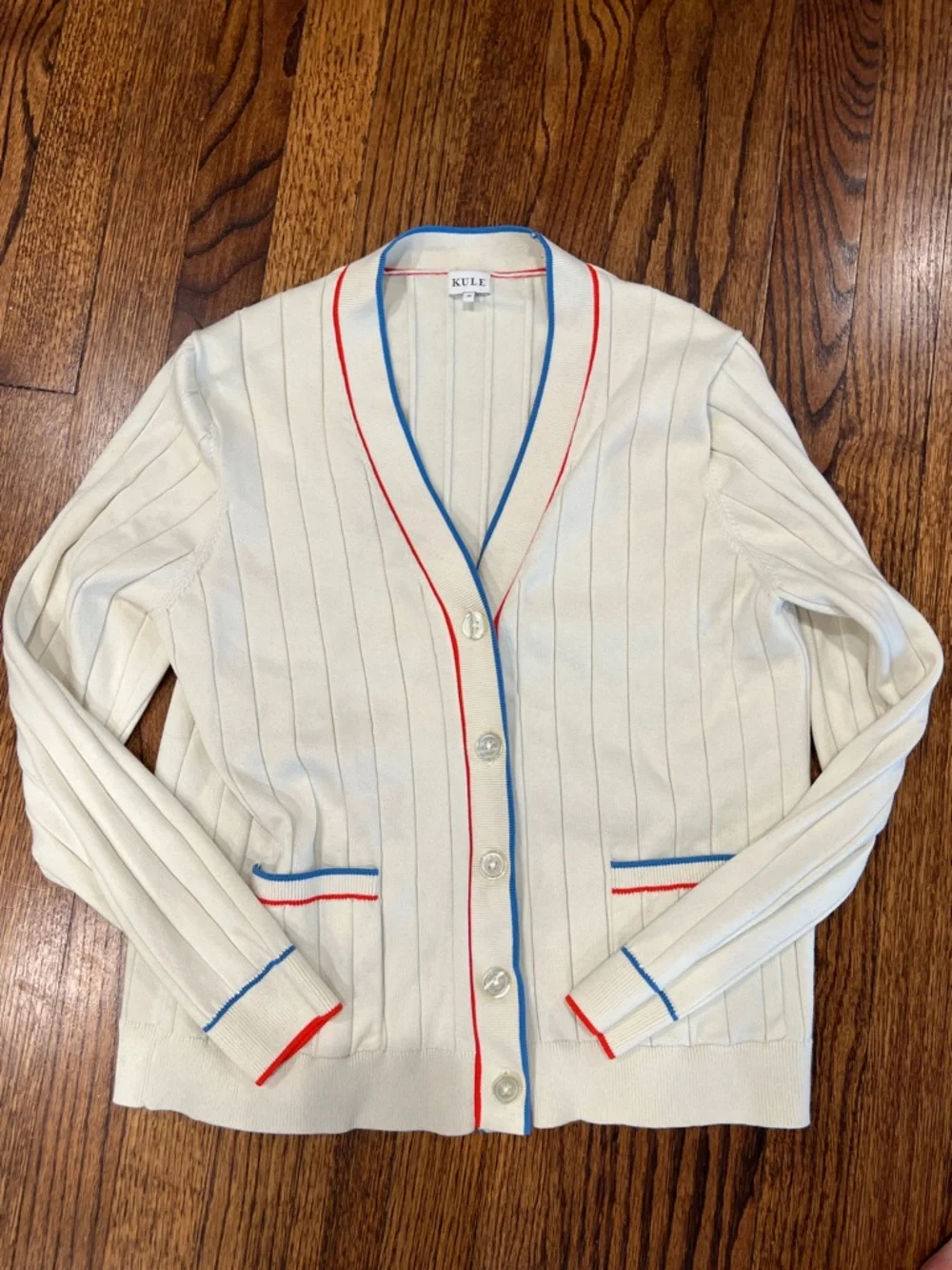 KULE Cream Ribbed Cardigan with Red & Blue Piping - Picture 1 of 6
